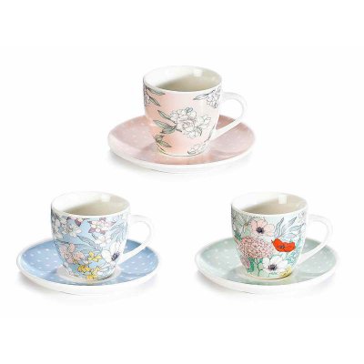 Set 6 Pieces Coffee Cups with Shabby / Provencal Saucer - Flowers Decoration -  - 