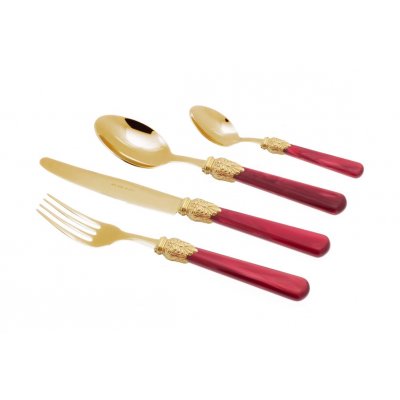 Pvd Gold Cutlery - Elena - Set 24 Pcs with Bordeaux Pearly Handle -  - 