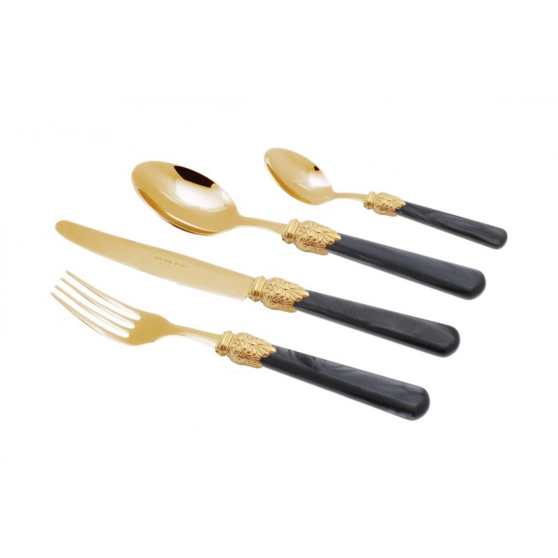 Gold Pvd Cutlery - Elena - Set 24 Pcs Black Pearly Handle - Discounted  prices