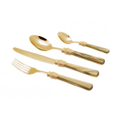 Gold Pvd Cutlery - Elena - 24 Pcs Set - Pearly Olive Green Handle -  - 