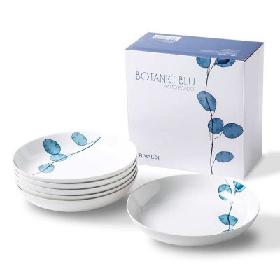 Ensemble de 6 assiettes à soupe en porcelaine - Collection Bleu Botanique - Rivaldi - 