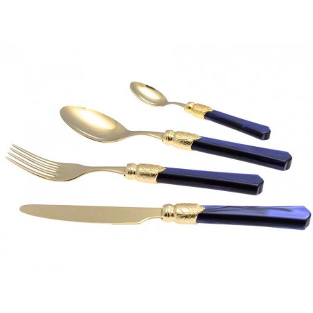 Gold / PVD cutlery - 24 pieces set with gift box - Blue pearly handle