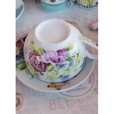 Porcelain Teapot with Cup and Saucer - White and Floral Decorations -  - 