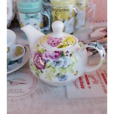 Porcelain Teapot with Cup and Saucer - White and Floral Decorations -  - 