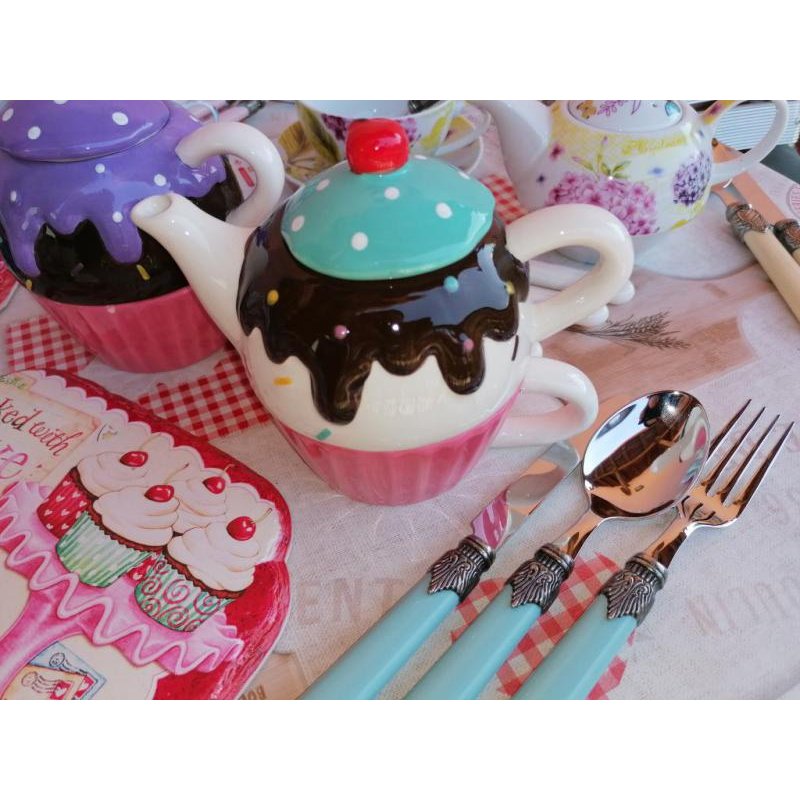 Cupcake - Set Teiera e Tazza in Ceramica - Shabby Rosa - 