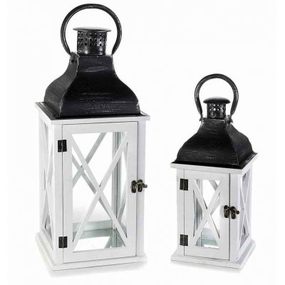 White Wooden Lanterns with Black Metal Lid - Set of 2 Pieces -  - 
