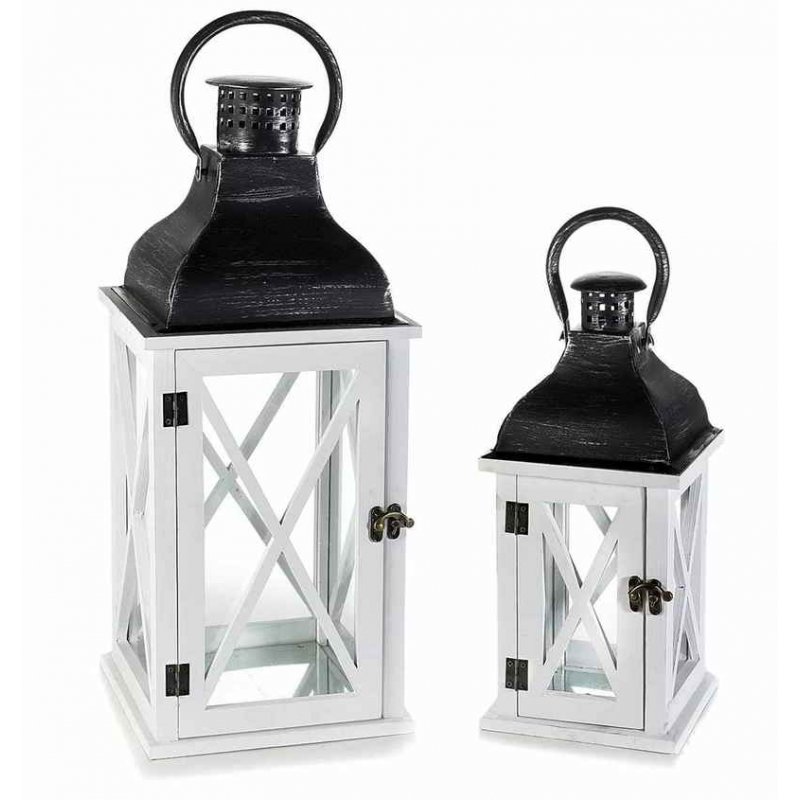 Lanternes en bois blanc avec couvercle en métal noir - Lot de 2 pièces - 