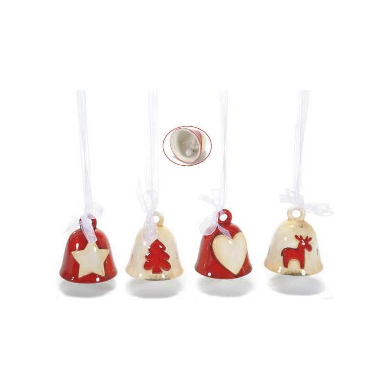 Set 8 Stück rote und weiße Keramik Weihnachtsglocken - 