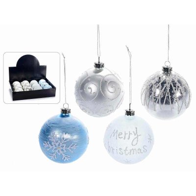 Boules de Noël en verre décoré et paillettes argentées et bleues - Lot de 12 pièces - 