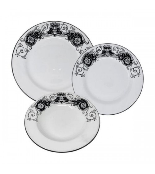 Luxus-Spitzen-Geschirrset für 4 Personen – Deruta-Keramik – Weiß mit schwarzer Spitze – handbemalt