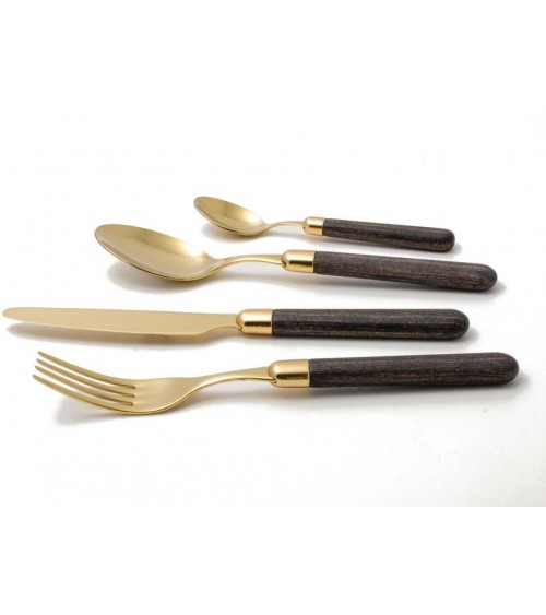 Rivadossi Gold Pvd Cutlery - Wood Effect Curtain - Set 24pcs - 1