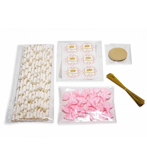 Kit de faveur avec bâton, étiquette et nœud rose - Set 36pcs - 