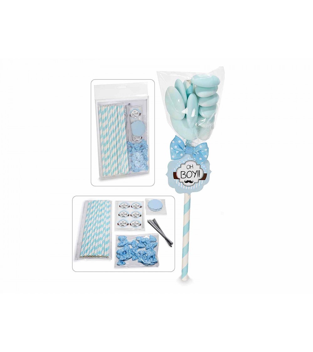 Kit de faveur avec bâton, étiquette et nœud bleu - Set 36pcs - 