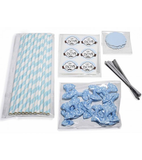 Kit de faveur avec bâton, étiquette et nœud bleu - Set 36pcs - 