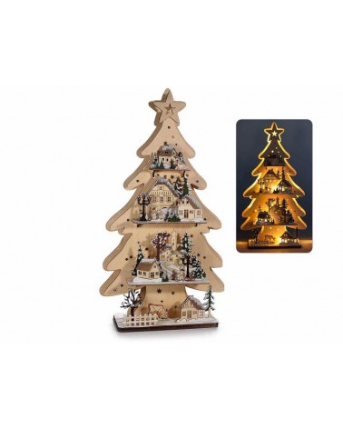 Arbre en bois naturel avec paysage d'hiver et lumières LED - 