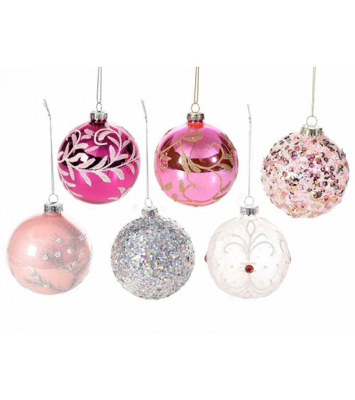 Palline di Natale in Vetro Rosa con Decori Glitter e Paillettes - Set 12 Pezzi