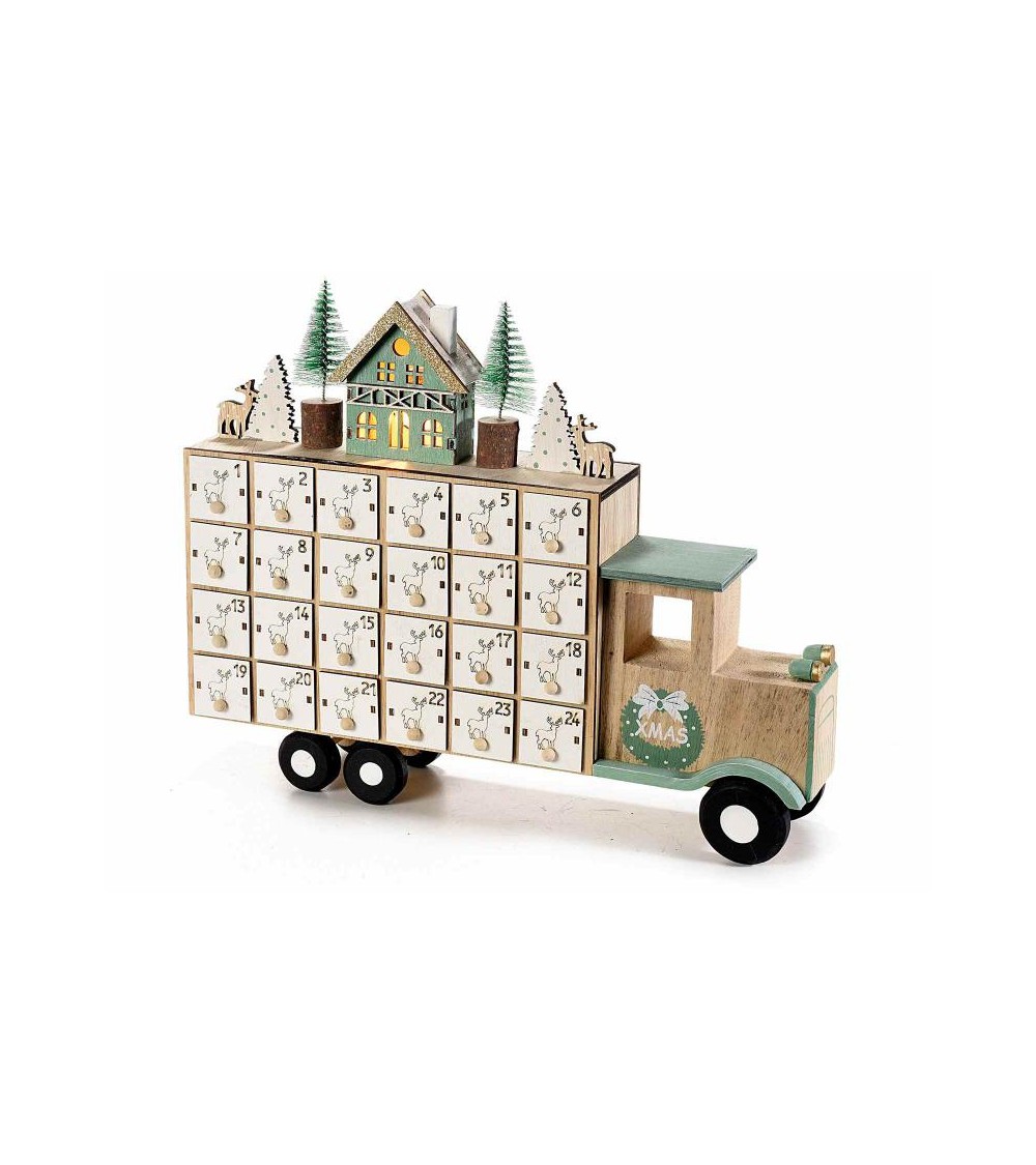 Calendrier de l'Avent en bois en forme de camion avec paysage de Noël et lumières - 