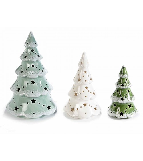 Set aus 3 Keramikbäumen mit warmweißen LED-Leuchten - 