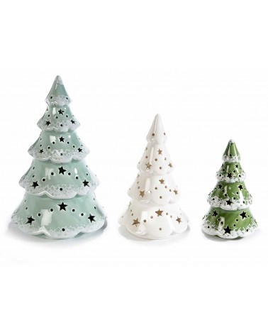 Set aus 3 Keramikbäumen mit warmweißen LED-Leuchten - 
