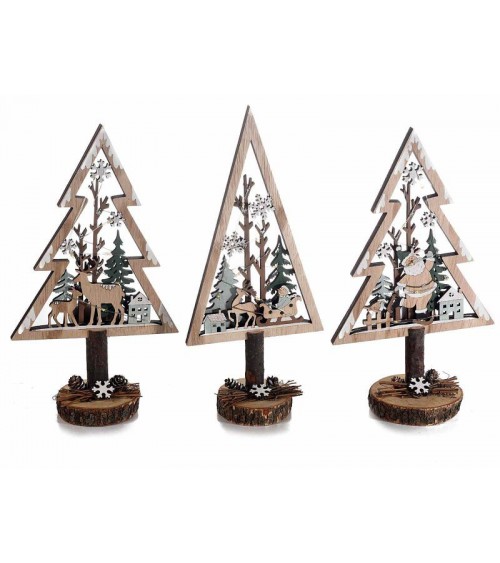 Ensemble de 3 sapins de Noël en bois naturel avec lumières LED blanches chaudes - 