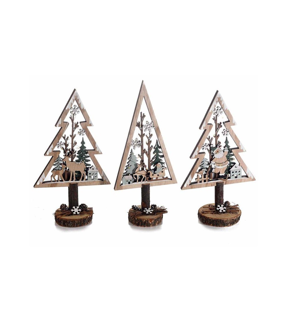 3er-Set Weihnachtsbäume aus Naturholz mit warmweißen LED-Leuchten - 