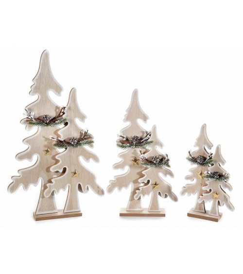 3er-Set Weihnachtsbäume aus Holz mit goldenen Sternen und Tannenzapfen - 