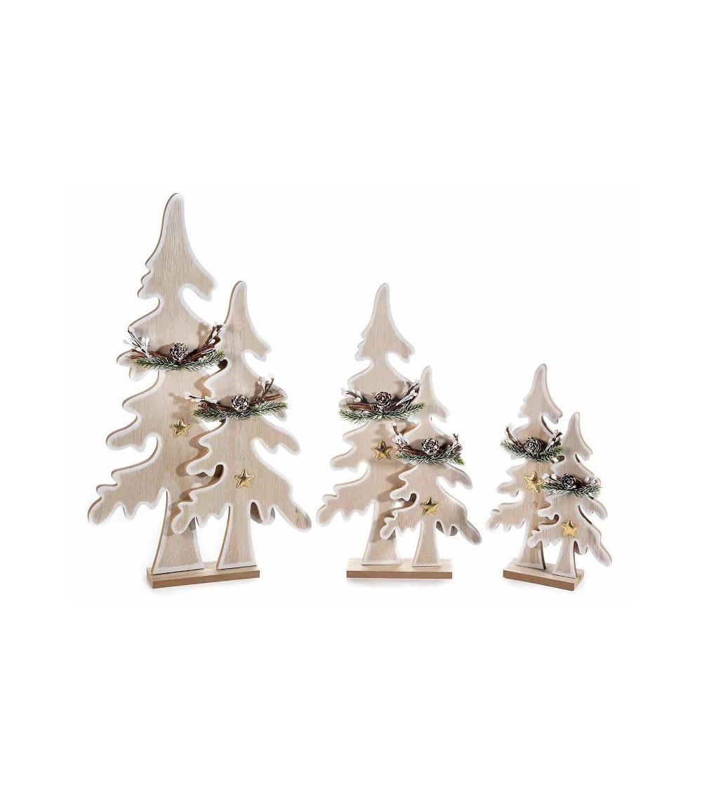 Ensemble de 3 sapins de Noël en bois avec étoiles dorées et pommes de pin - 