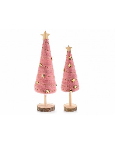 Set 2 Weihnachtsbäume aus Holz und Wolle mit goldenen Sternen - 