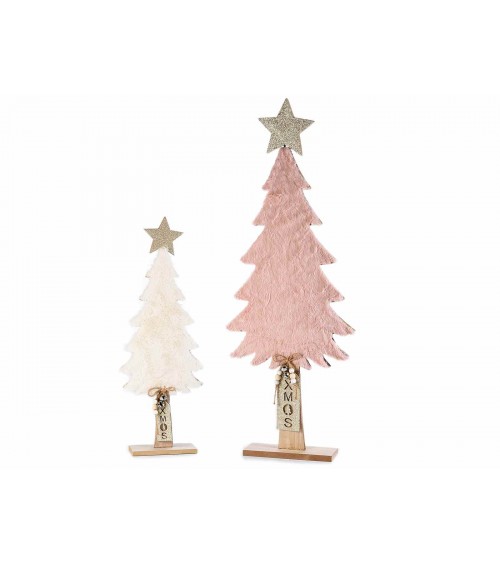 Set 2 Weihnachtsbäume in Holz und Öko - Fell mit Glitzerstern - 