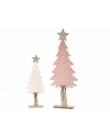 Set 2 Christmas Trees in Wood and Eco - Fur with Glitter Star -  - 