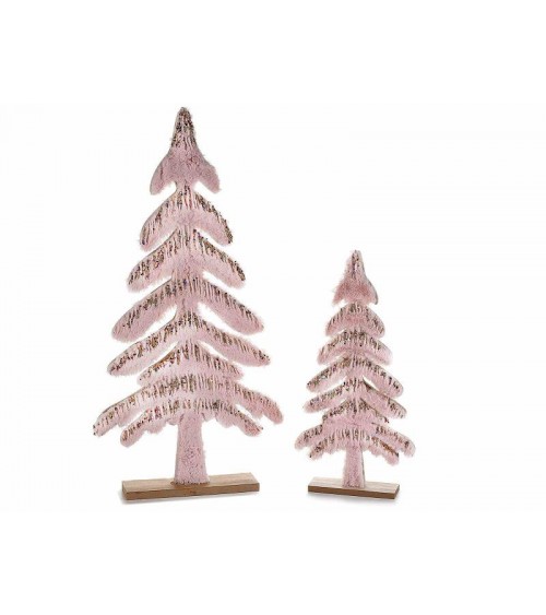 Set mit 2 Weihnachtsbäumen aus Holz und Öko - Fell Pink mit Goldglitter - 