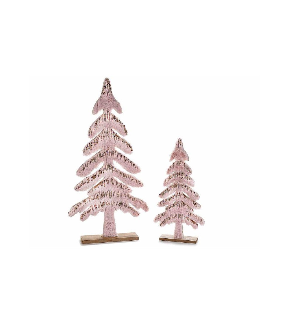 Set 2 Christmas Trees in Wood and Eco - Fur Pink with Gold Glitter -  - 