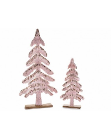 Set 2 Christmas Trees in Wood and Eco - Fur Pink with Gold Glitter -  - 