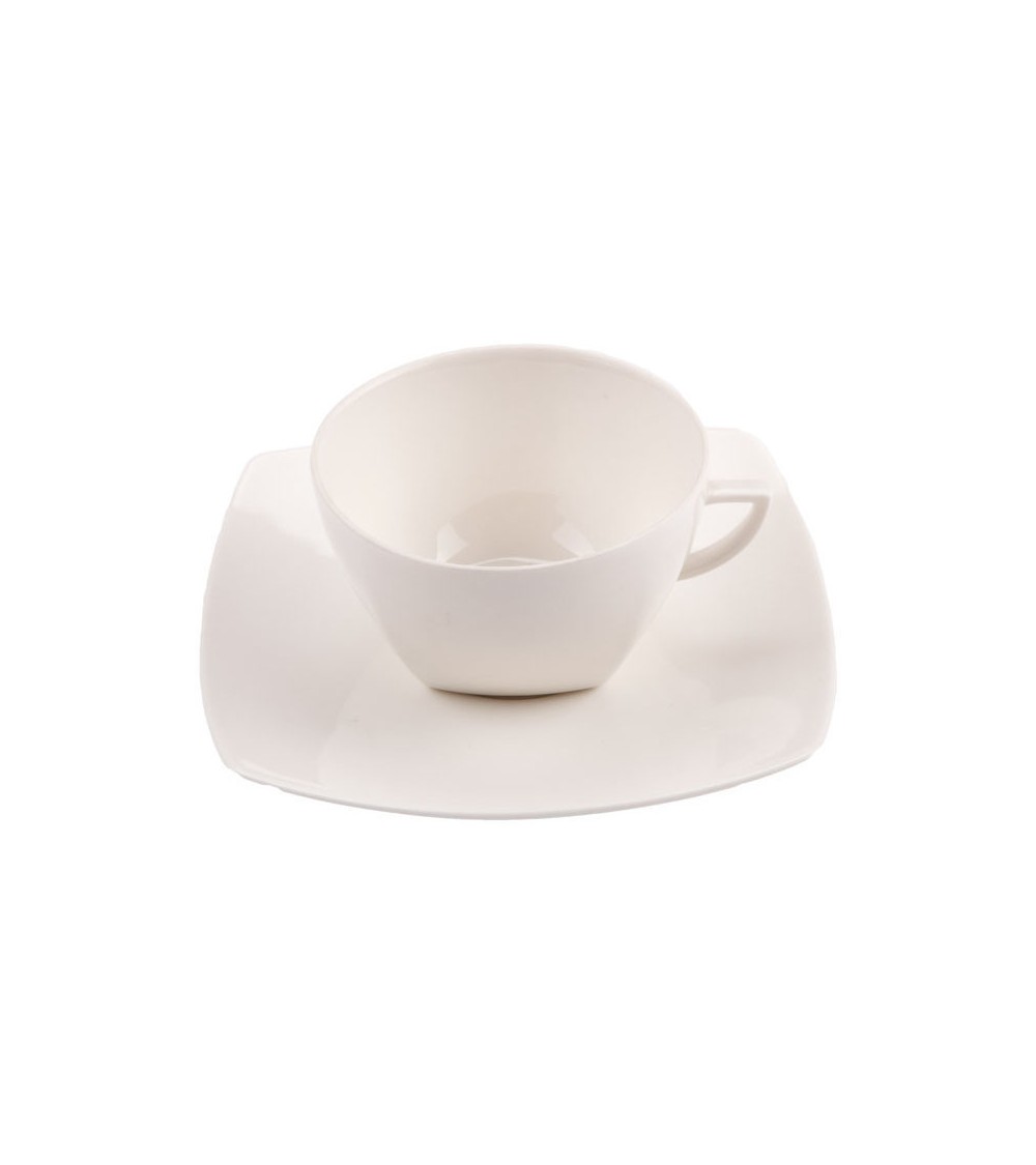 Asian Square Tea Cups with Saucers in Ivory New Bone China - 6 Pieces -  - 