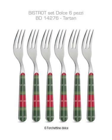 Set of 8 Christmas Cutlery for Dessert Tartan Green / Red Color - Neva Posateria Creativa -