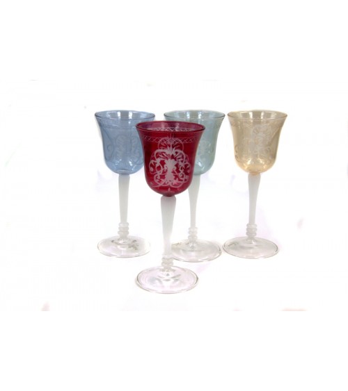 Set 4 Bicchieri in Vetro Soffiato Colorato e Incisione Firenze - Royal Family - 