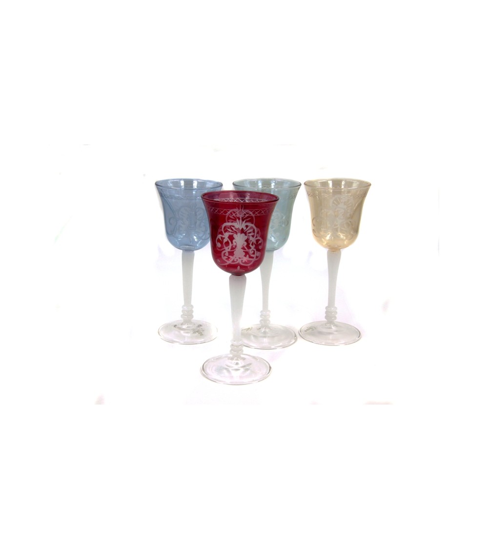 Set of 4 Glasses in Colored Blown Glass and Florence Engraving - Royal Family -  - 
