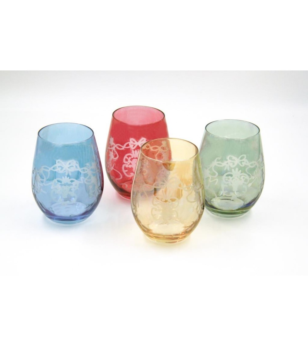Set of 4 Large Tasting Glasses in Colored Blown Glass and Bow Engraving - Royal Family -  - 