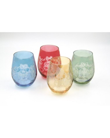 Set of 4 Large Tasting Glasses in Colored Blown Glass and Bow Engraving - Royal Family -  - 