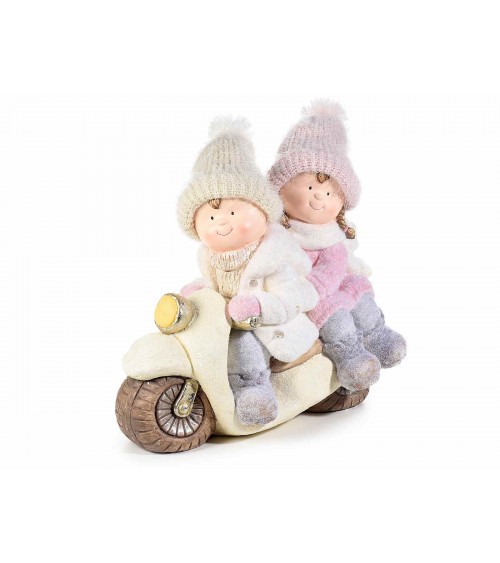 Pair of Ceramic Children on Scooter with Wool Hat -  - 