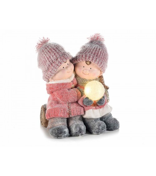 Pair of Ceramic Children with Snowball and Led Light -  - 