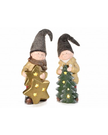 Bimbo in Ceramica Colorata con Cappello in Pelo e Luci Led - 2 Pezzi - 