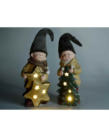 Bimbo in Ceramica Colorata con Cappello in Pelo e Luci Led - 2 Pezzi - 