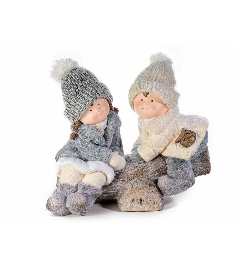 Pair of Ceramic Children with Wool Hat on Wooden Block -  -  Pair of Ceramic Children with Wool Hat on Wooden Block -  -