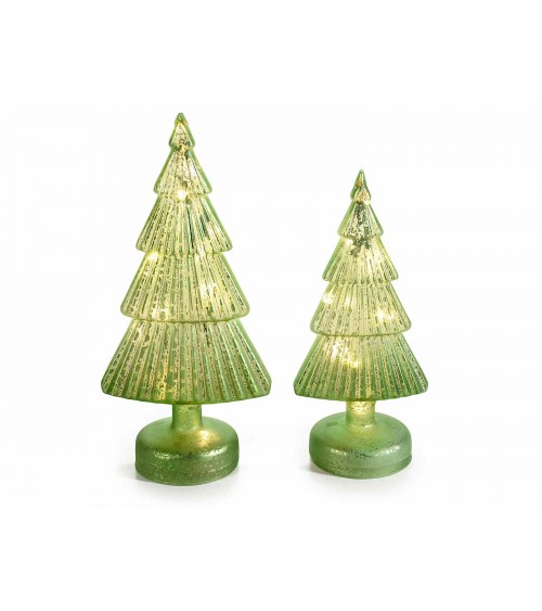 Set of 2 Glass Trees with Silver Glitter and Warm White Led Lights -  - 