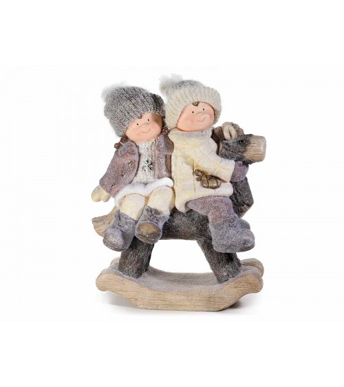 Coppia di Bambini in Ceramica su Cavallo a Dondolo - Decorazione Natalizia - 