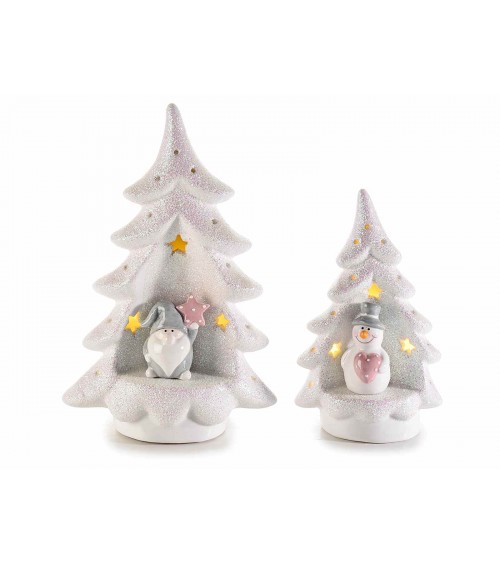 Weihnachtsdekoration - Set 2 Keramikbäume mit Charakter und Lichtern - 