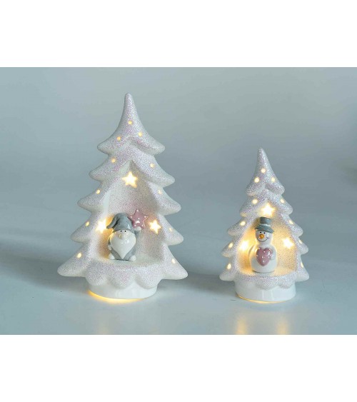 Decorazione Natalizia - Set 2 Alberi in Ceramica con Personaggio e Luci - 