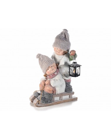 Christmas Decoration - Pair of Ceramic Children with Tealight Lantern -  - 