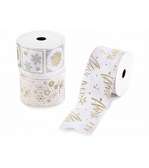 White Ribbon with Christmas Decorations and Gold Glitter - 3 Pieces -  - 